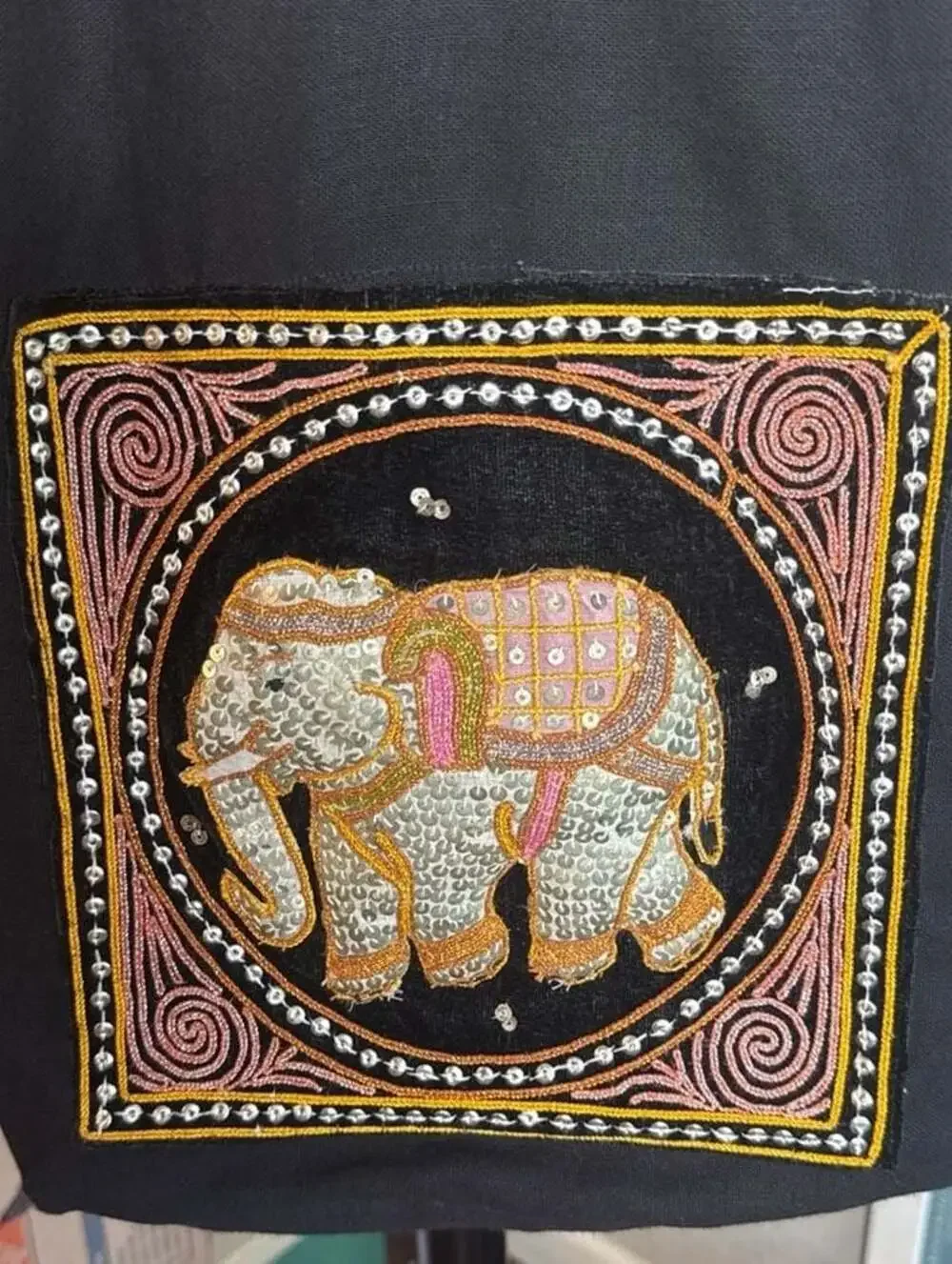 Thai Boho Black Cotton Hobo Bag Embroidered Sequin Elephant